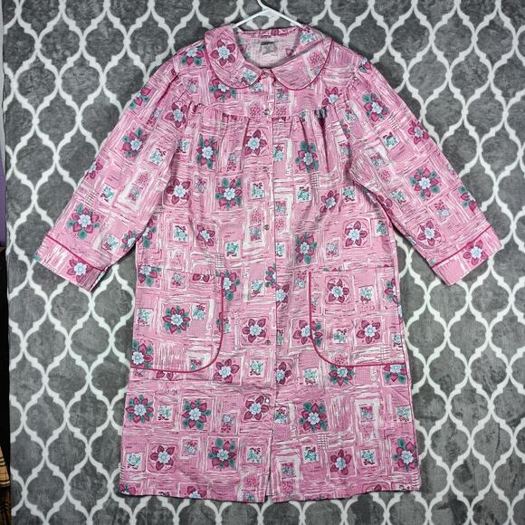 Village Fair Housecoat Women Medium Pink Floral Button Front Robe Pockets Cotton - Picture 1 of 8